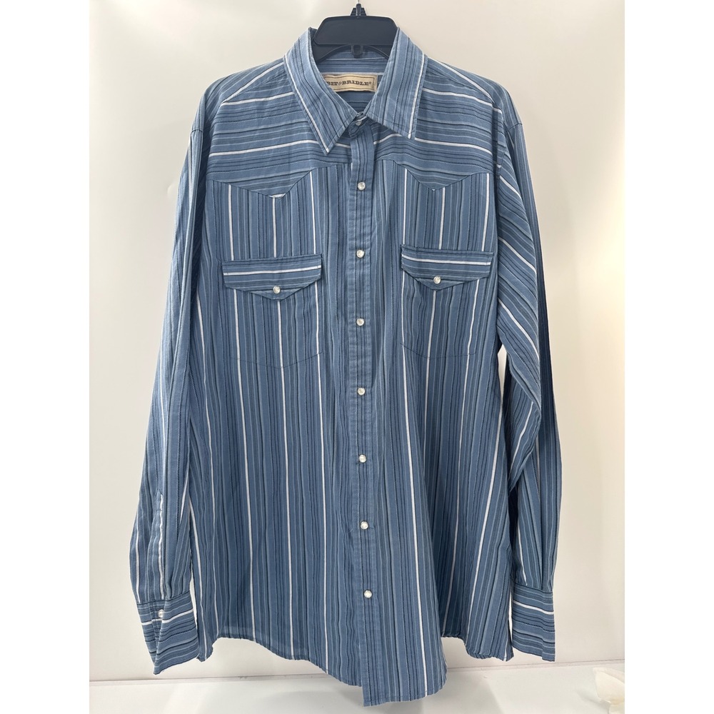 Bit & Bridle Mens Blue Striped Long Sleeve Pearl Snap Western Shirt XL